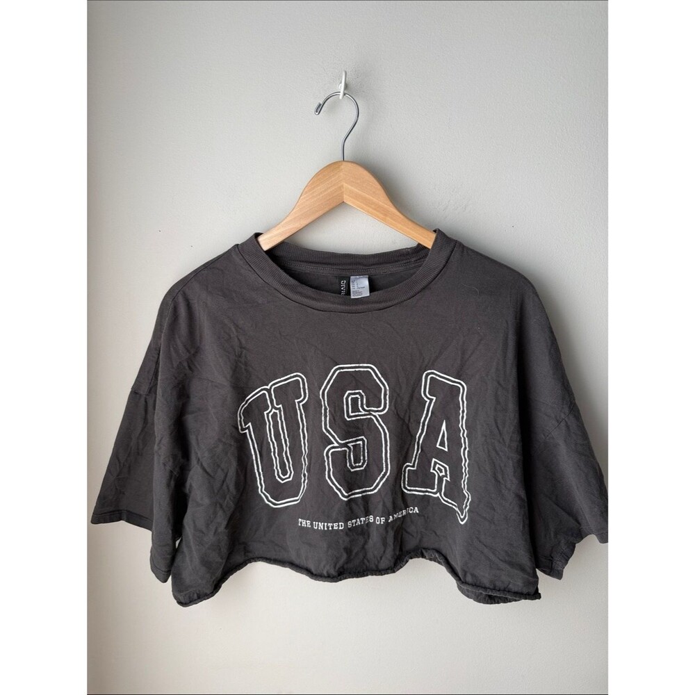H&M Divided USA Graphic Ultra Cropped Oversized Raw Hem T-Shirt